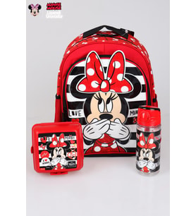 YENİ SEZON LİSANSLI MINNIE MOUSE OKUL ÇANTASI,BESLENME KABI VE MATARA 500 ML OKUL SETİ (Kırmızı)