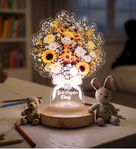 Zürafalı Ayçiçeği Işıklı Çiçek Buketi LED Lamba - Kişiye Özel Çocuğa Doğum Günü Hediyesi, Bebek ve Çocuk Odası Lambası