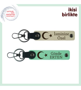 İsme Özel Ay Yıldız Desenli Aşk Hediyesi – Sevgiline Kişisel Anahtarlık Seti, Sütlü Kahve-Yeşil