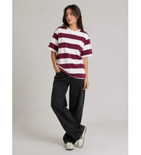 Çizgili Oversize Tişört Bisiklet Yaka Kısa Kol Yazlık T-Shirt - Bordo
