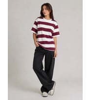 Çizgili Oversize Tişört Bisiklet Yaka Kısa Kol Yazlık T-Shirt - Bordo