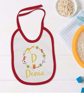 BK Kids Kişiye Özel Harfli İsimli Tasarımlı Kırmızı Bebek Mama Önlüğü-1