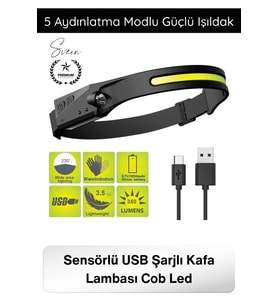 #KafaFeneri Sensörlü USB Şarjlı Kafa Lambası COB LED 5 Aydınlatma Modlu Güçlü Işıldak Dahili Pilli A