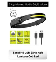 #KafaFeneri Sensörlü USB Şarjlı Kafa Lambası COB LED 5 Aydınlatma Modlu Güçlü Işıldak Dahili Pilli A