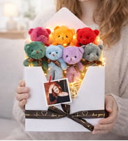 Kişiye Özel Fotoğraflı Peluş Rengarenk Ayıcık Buketi Mektup Kutu Seti