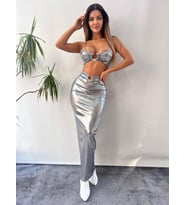 Gri Pu Faux Lame Tokalı Elbise
