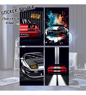 spor hızlı yarış arabaları - 4 adet yapışkanlı poster sticker etiketler - dolap cam oda için
