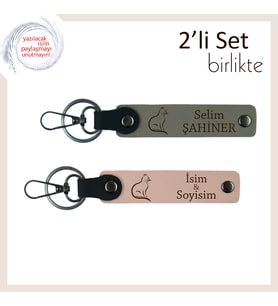 Kedi Duruşunu Yansıtan Stilde, Tatlı Desenli, İsme Özel Anahtarlık, Kül Gri-Yavru Ağzı