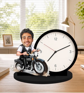 Kişiye Özel Biblo Masa Saati Fotoğraflı Motor Karikatürlü Saat – Motosiklet Temalı Erkeğe Hediye Motorcuya Hediye Motosiklet Temalı