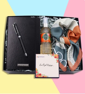 Kişiye Özel Siyah Defter & Kalın Siyah Touch Pen & 150ml Eyüp Sabri Tuncer Sprey Kolonya & Yapraklı Detaylı Kahverengi Fular Hediye Seti