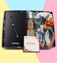 Kişiye Özel Siyah Defter & Kalın Siyah Touch Pen & 150ml Eyüp Sabri Tuncer Sprey Kolonya & Yapraklı Detaylı Kahverengi Fular Hediye Seti