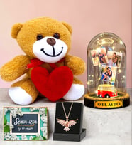 Kişiye Özel Led Işıklı Fanus & Anka Kuşu Kolye & Kalpli Peluş Ayıcık Seti (Model 6)