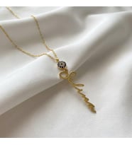 Kişiye Özel 925 Ayar Gümüş Taşlı Nazar Boncuğu Dikey İsim Kolye (Gold)