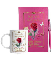 Sevgililer Gününe Özel Pembe Defter Kalem & Kupa Hediye Seti 17
