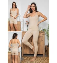 Kadın Krem Renkli Dantel Detaylı Şortlu Ve Taytlı Pijama Takımı 3'lü Set 75014