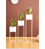 Dekoratif Beyaz Çiçek Saksı - Metal 3'lü Set Ayaklı Saksılık