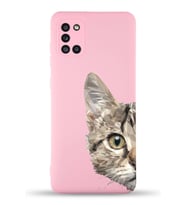 Samsung Galaxy A31 Uyumlu Lansman Kılıf Catface Tasarımlı İçi Kadife Kapak-Pembe (Şeffaf)