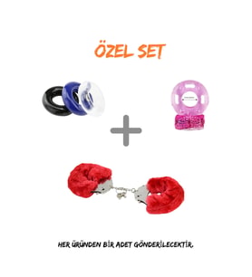 Romantik Aksesuar Seti – Kırmızı Peluş Kelepçe + 3'lü Penis Halkası + Titreşimli Mor Halka