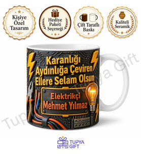 Elektrikçiye Hediye İsimli Baskılı Kupa Bardak Özel Tasarım Elektrik Ustası