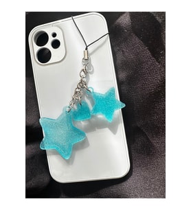 2 Yıldız ve Küçük Kalp Motifli Simli Mavi Renk Epoksi Telefon Charmı Telefon İpi Telefon Aksesuarı