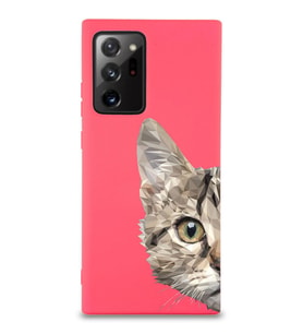 Samsung Galaxy Note 20 Ultra Uyumlu Lansman Kılıf Catface Tasarımlı İçi Kadife Kapak-Neon Pembe (Şeffaf)