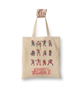 Street Fighter 03 Beyaz Bez Çanta Uzun Saplı Alışveriş Çantası Plaj Çantası