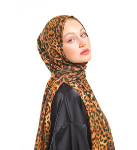 Leopar Desen Modal Seri Şal Eşarp Askısı İle Birlikte 75x200 Taba Siyah-75x200