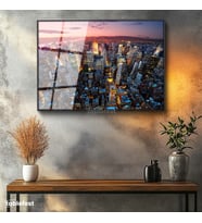Siyah Renk Metal Çerçeveli Tamperli Cam Tablo New York Manhattan Şehir Manzarası Şehir Mimari Tablo Duvar Dekoru