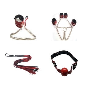 Kırmızı Fantazi Boyun Tasması Fantezi Deri El Ayak Kelepçe Fantezi Deri Kırbaç Fantezi Deri Ağız Topu + Erotik Masaj Yağı(Red Fancy Collar , Fancy Leather Hand Foot Handcuffs , Fancy Leather Whip , Fancy Leather Mouth Ball + Erotic Massage Oil)