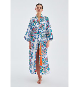 Peraluna RIA KİMONO Çini Desenli 127 CM Püskül Kemer Detaylı Saten Kadın Kimono - Çok Renkli