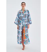 Peraluna RIA KİMONO Çini Desenli 127 CM Püskül Kemer Detaylı Saten Kadın Kimono - Çok Renkli