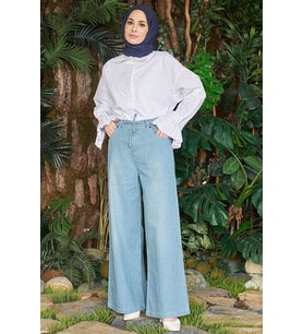 1123-Denim Parça Boyalı Bağcıklı Bol Paça Pantolon Mavi