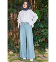 1123-Denim Parça Boyalı Bağcıklı Bol Paça Pantolon Mavi