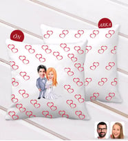 BK Gift Kişiye Özel Sevgililer Karikatürlü Çift Kalp Desenli Dekoratif Kırlent Yastık-104 (Beyaz)