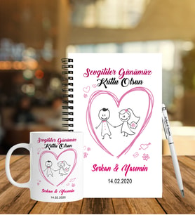 Sevgililer Gününe Özel Ahşap Defter Kalem & Kupa Hediye Seti 24