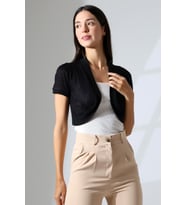 Şiir Puzi Kadın Penye Oval Etek Ajur Desenli Kısa Kollu Omuzları Büzgülü Kısa Hırka & Bolero - Siyah (Siyah)