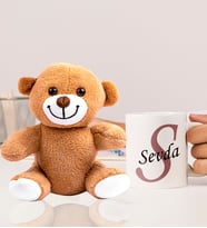 Kişiye Özel 25cm Peluş Ayıcık Ve Baş Harf Ve İsimli Tasarımlı Beyaz Kupa