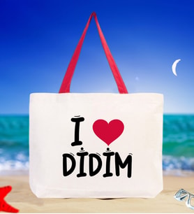 BK Gift I Love Didim Renkli Kulp Kanvas Plaj Çantası 48x40m, Baskılı Omuz Çantası, Alışveriş Çantası (Kırmızı)