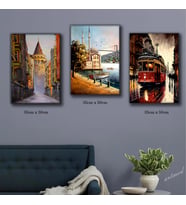 istanbul taksim ortaköy galata tranvay tablosu 3 adet 35cmx50cm kumaş baskılı canvas tablo