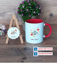 Anneye Doğum Günü Hediyesi Kupa Bardak Kırmızı ve Ahşap Anahtarlık Hediye (Model 1)
