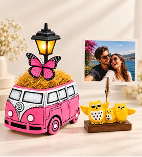 Kişiye Özel Fotoğraflı Pembe Vosvos Minibüs Masa Lambası ve Baykuş Fotoğraf Tutucu Hediye