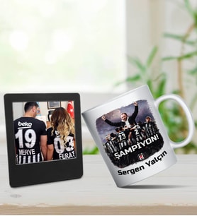 Kişiye Özel Siyah Beyaz Şampiyon Kupa & Siyah İnstagram Çerçeve Hediye Seti