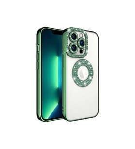 Apple iPhone 13 Pro Uyumlu Kılıf Kamera Korumalı Taş Süslemeli Arkası Şeffaf Zore Asya Kapak (Açık Yeşil)