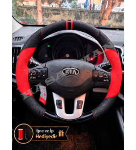 Kia Sportage SL Dikme Direksiyon Kılıfı Parlak Siyah Kırmızı Detaylı Kırmızı Çift Yüzük ve Dikiş 2010-2015