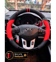 Kia Sportage SL Dikme Direksiyon Kılıfı Parlak Siyah Kırmızı Detaylı Kırmızı Çift Yüzük ve Dikiş 2010-2015