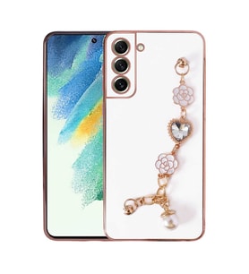 Samsung Galaxy S21 FE Kılıf El Askılı Tutamaçlı Kamera Korumalı Renkli Gold Kenar Silikon Kapak (Beyaz)