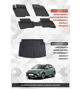 Sahler Hyundai Bayon 2021+ Uyumlu 4.5D Premium Havuzlu Paspas ve Liner Marka 3D Bagaj Havuzu