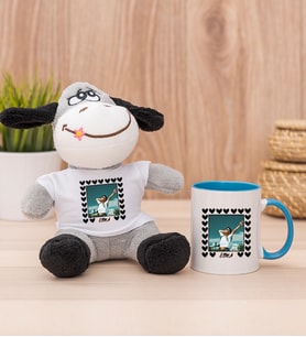 Kişiye Özel Kalp Detaylı Fotoğraflı  Peluş Eşek ve Mavi Kupa