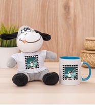 Kişiye Özel Kalp Detaylı Fotoğraflı  Peluş Eşek ve Mavi Kupa