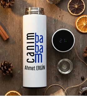Kişiye Özel Canım Babam Filtreli Dijital Göstergeli Termos Babalar Günü Hediyesi (Beyaz)